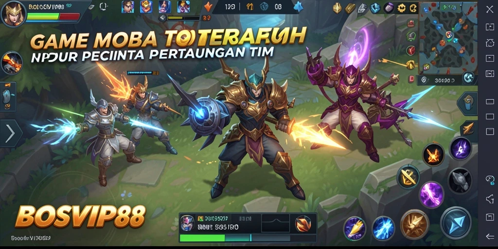 Screenshot gameplay BOSVIP88 yang menampilkan pertarungan tim yang seru.