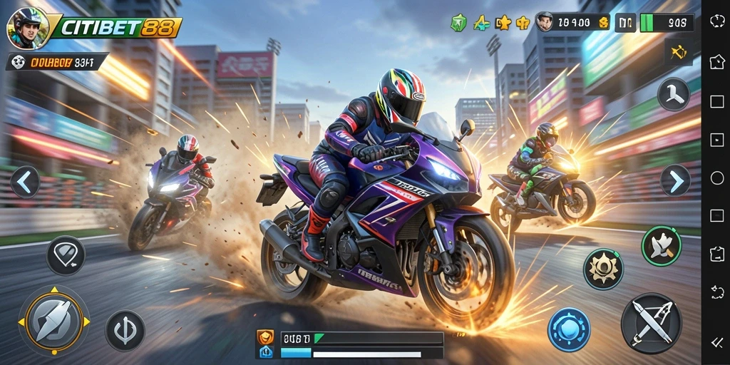 Screenshot CITIBET88 menampilkan balapan motor seru di trek menantang.
