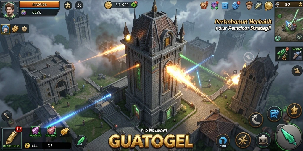 Tangkapan layar gameplay GUATOGEL menampilkan aksi menara pertahanan yang mendebarkan.