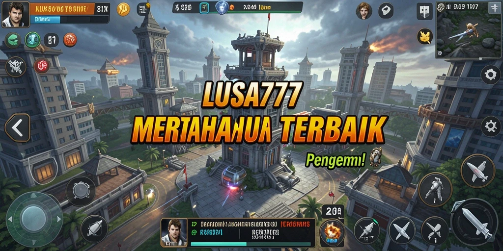 Tangkapan layar gameplay LUSA777 yang menampilkan menara dan gelombang musuh.