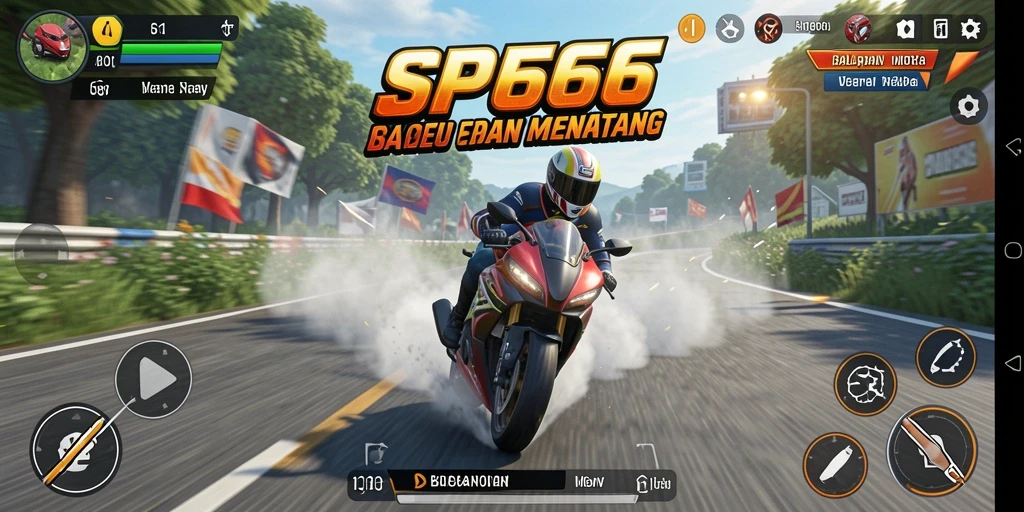 Screenshot utama SP666 menampilkan aksi balapan motor yang intens.