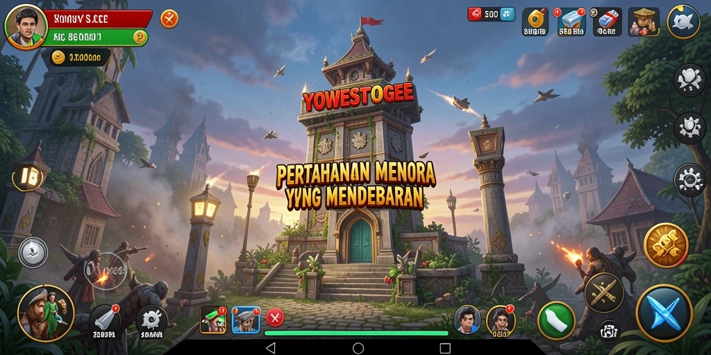 Tampilan aksi seru dan strategi dalam YOWESTOGEL dengan menara yang dibangun.